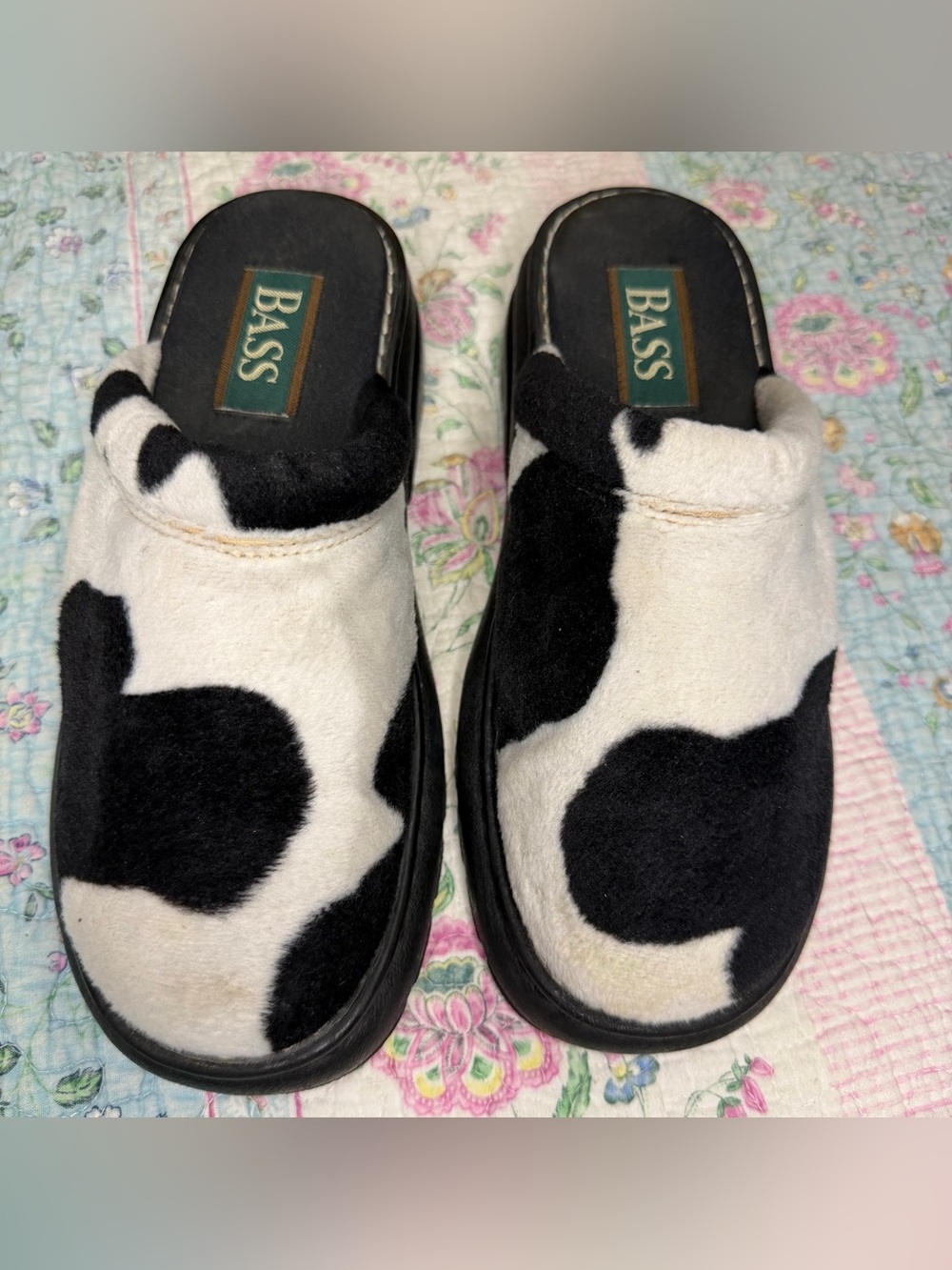 VTG 90s Y2K G.H. Bass Black & White Cow Print Clog Mule Slip On Chunky Heel SZ 6
